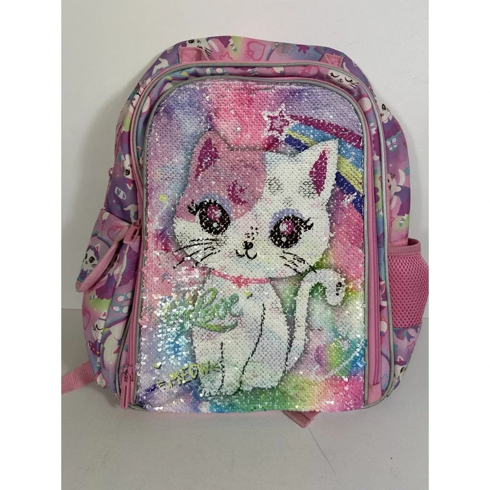 KLFVB Pink Flip Sequins White Kitten Kitty Cat Backpack 16